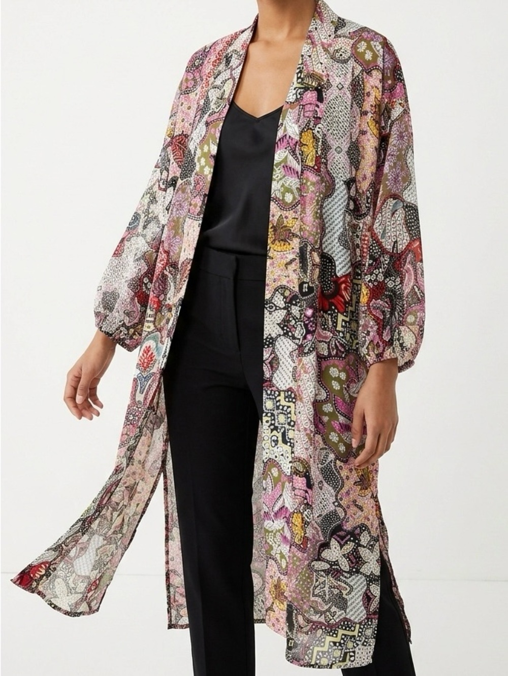 LOFT Paisley Floral Mosaic Duster Cardigan Kimono XS/S Boho Chic Resortwear
